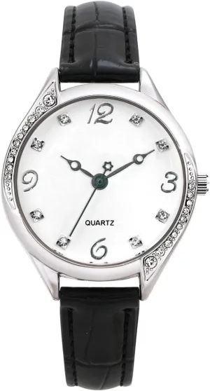 Black Leather Band MOVEBEST Ladies Quartz Watch, Crystal Rhinestone Bezel, White rigidity partial Dial, 