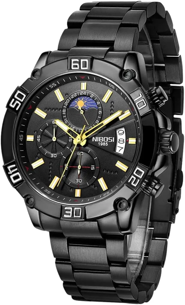 Black Wrist Watch NIBOSI Watches for Men Fashion Stainless Steel Business Casual Luxury Waterproof Luminous Dress Analog Chronograph Luminous Large Big Face democracy Dad Father Gifts Gold 