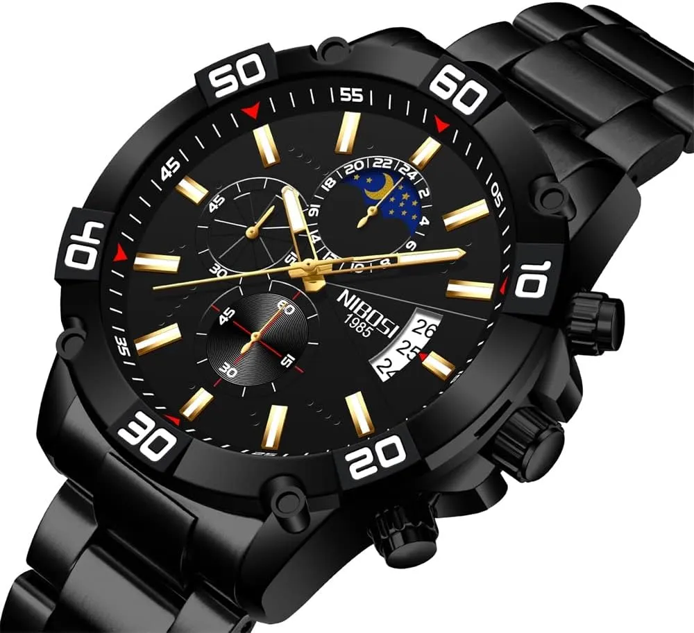 Black Wrist Watch NIBOSI Watches for Men Fashion Stainless Steel Business Casual Luxury Waterproof Luminous Dress Analog Chronograph Luminous Large Big Face democracy Dad Father Gifts Gold 