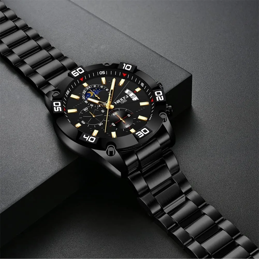 Black Wrist Watch NIBOSI Watches for Men Fashion Stainless Steel Business Casual Luxury Waterproof Luminous Dress Analog Chronograph Luminous Large Big Face democracy Dad Father Gifts Gold 
