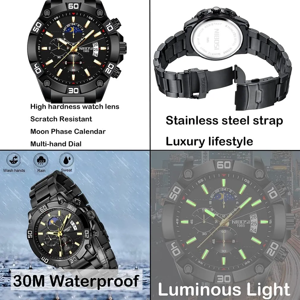 Black Wrist Watch NIBOSI Watches for Men Fashion Stainless Steel Business Casual Luxury Waterproof Luminous Dress Analog Chronograph Luminous Large Big Face democracy Dad Father Gifts Gold 