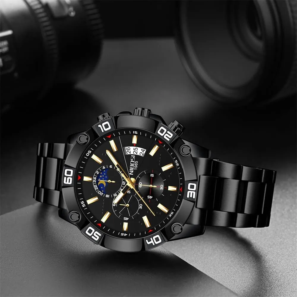 Black Wrist Watch NIBOSI Watches for Men Fashion Stainless Steel Business Casual Luxury Waterproof Luminous Dress Analog Chronograph Luminous Large Big Face democracy Dad Father Gifts Gold 