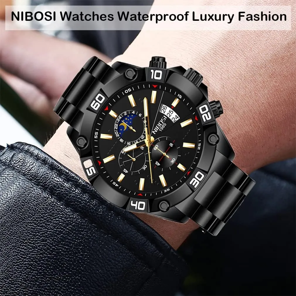 Black Wrist Watch NIBOSI Watches for Men Fashion Stainless Steel Business Casual Luxury Waterproof Luminous Dress Analog Chronograph Luminous Large Big Face democracy Dad Father Gifts Gold 