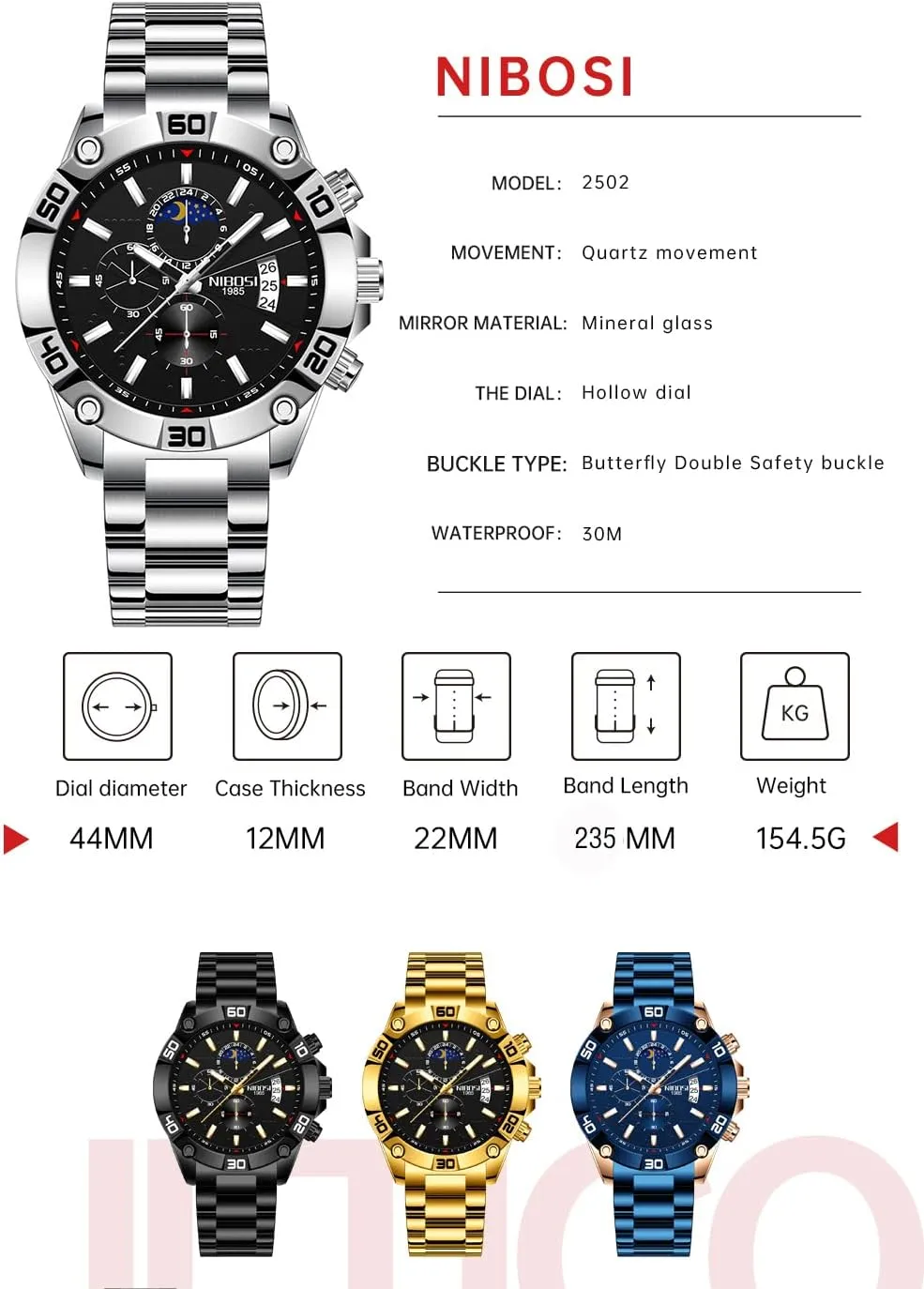 Black Wrist Watch NIBOSI Watches for Men Fashion Stainless Steel Business Casual Luxury Waterproof Luminous Dress Analog Chronograph Luminous Large Big Face democracy Dad Father Gifts Gold 