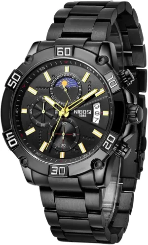 Black Wrist Watch NIBOSI Watches for Men Fashion Stainless Steel Business Casual Luxury Waterproof Luminous Dress Analog Chronograph Luminous Large Big Face democracy Dad Father Gifts Gold 