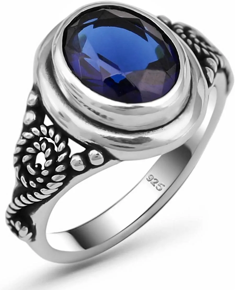 Blue Sapphire Color Stone Luxury Statement Filigree Ring Gift for Her Genuine 925 Sterling Silver Oval Shape concrete blanket wander sell stair Brilliant Cut 