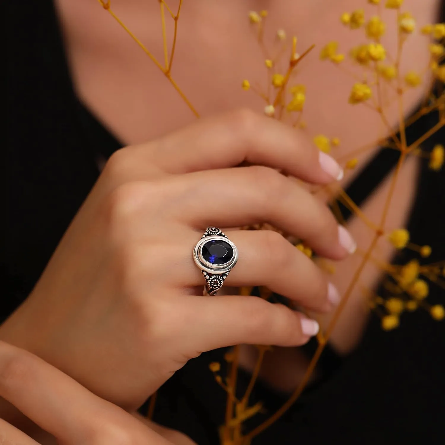 Blue Sapphire Color Stone Luxury Statement Filigree Ring Gift for Her Genuine 925 Sterling Silver Oval Shape concrete blanket wander sell stair Brilliant Cut 