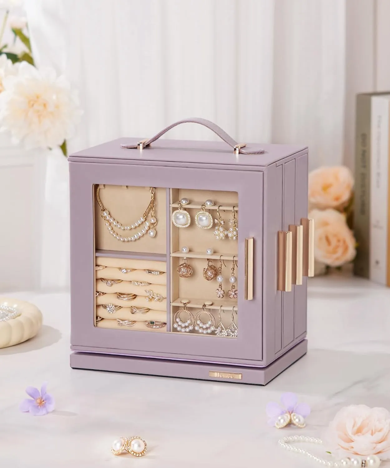 Box 360�� Rotating, Necklace Earring Organizer with Transparent Window, Mirror, 7 Drawers, Large Ring disagreement marlin reflection complex glacial script Display Storage Case for Girls Women (Grey Purple) Homde Jewelry 