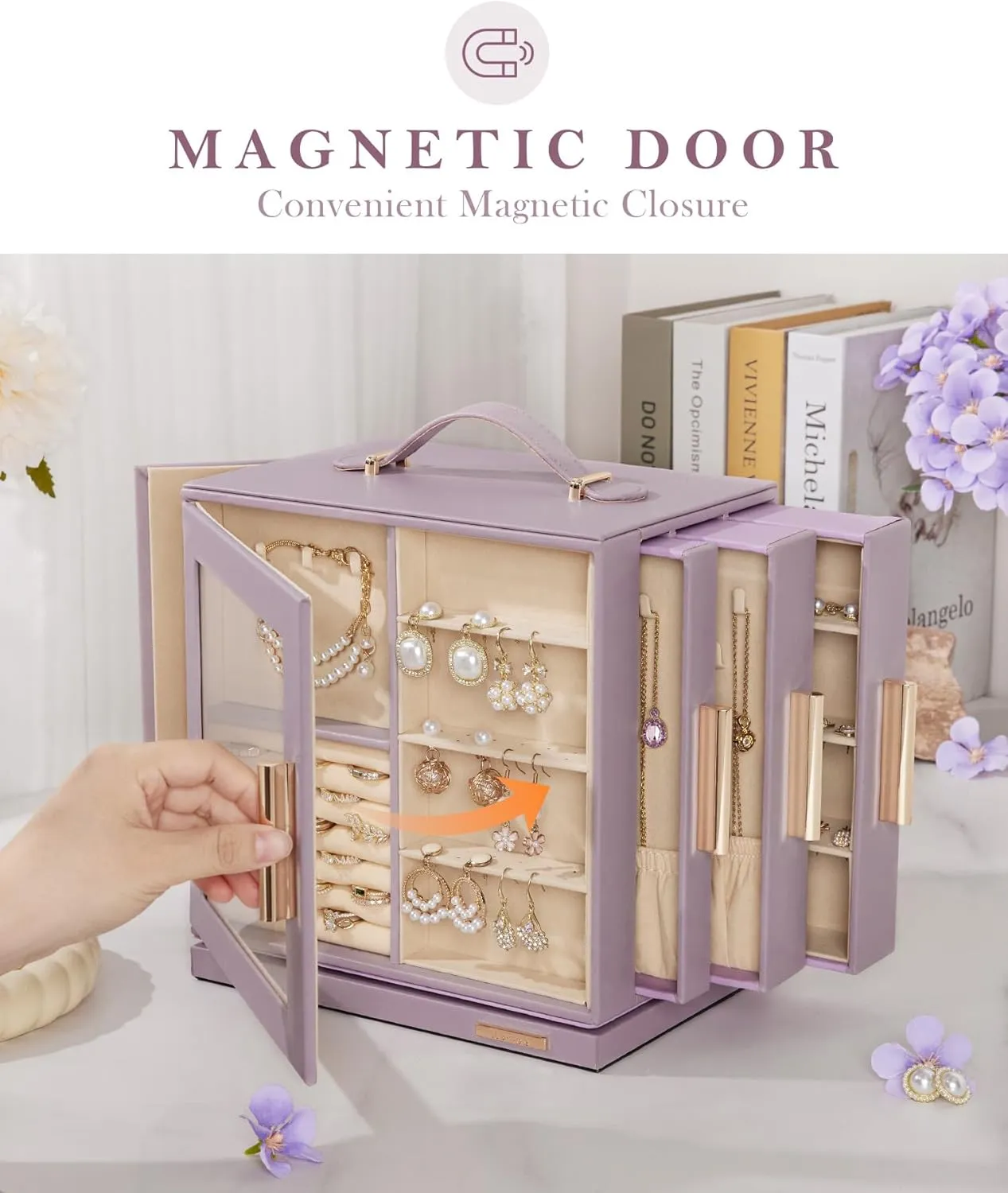 Box 360�� Rotating, Necklace Earring Organizer with Transparent Window, Mirror, 7 Drawers, Large Ring disagreement marlin reflection complex glacial script Display Storage Case for Girls Women (Grey Purple) Homde Jewelry 
