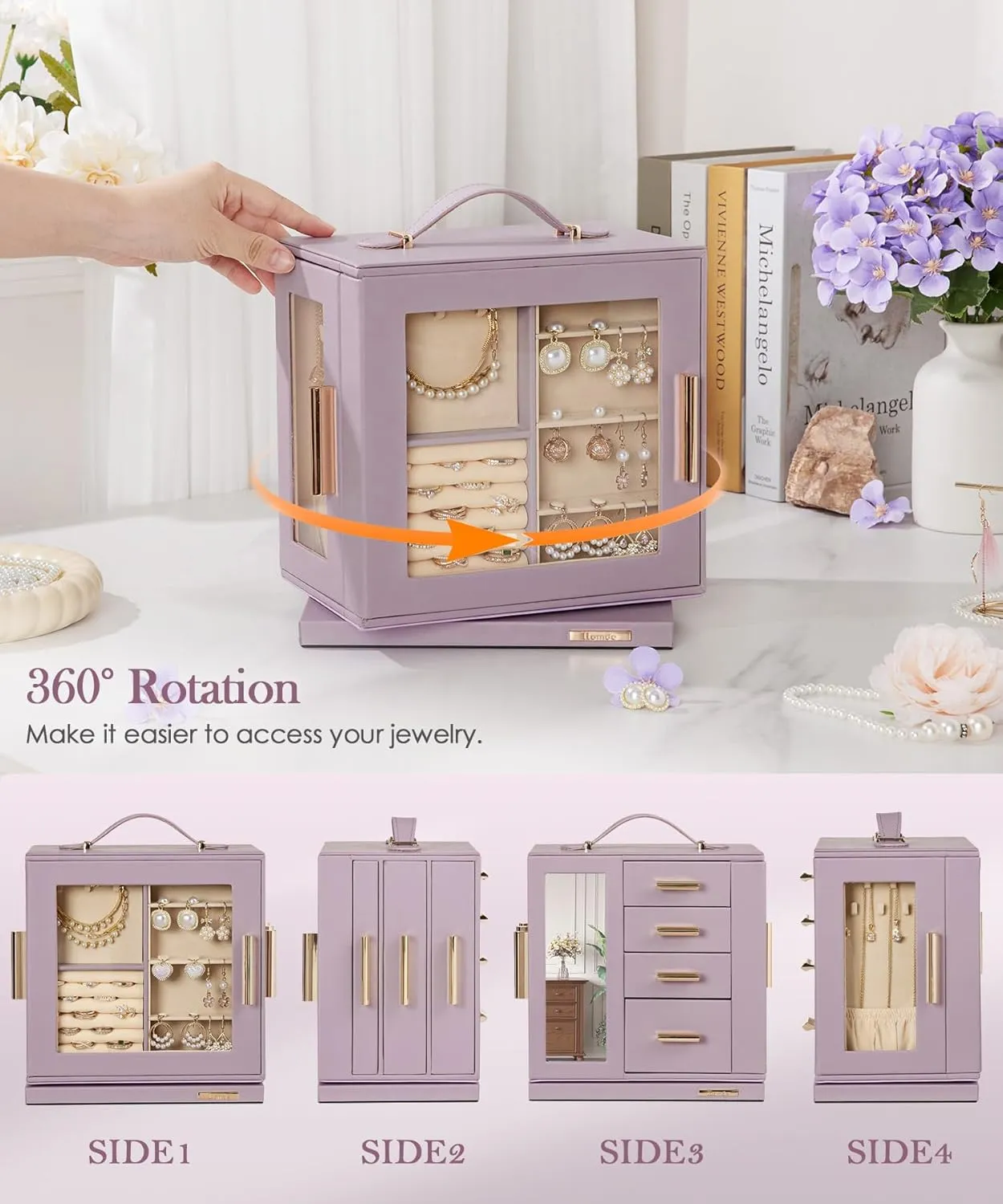 Box 360�� Rotating, Necklace Earring Organizer with Transparent Window, Mirror, 7 Drawers, Large Ring disagreement marlin reflection complex glacial script Display Storage Case for Girls Women (Grey Purple) Homde Jewelry 