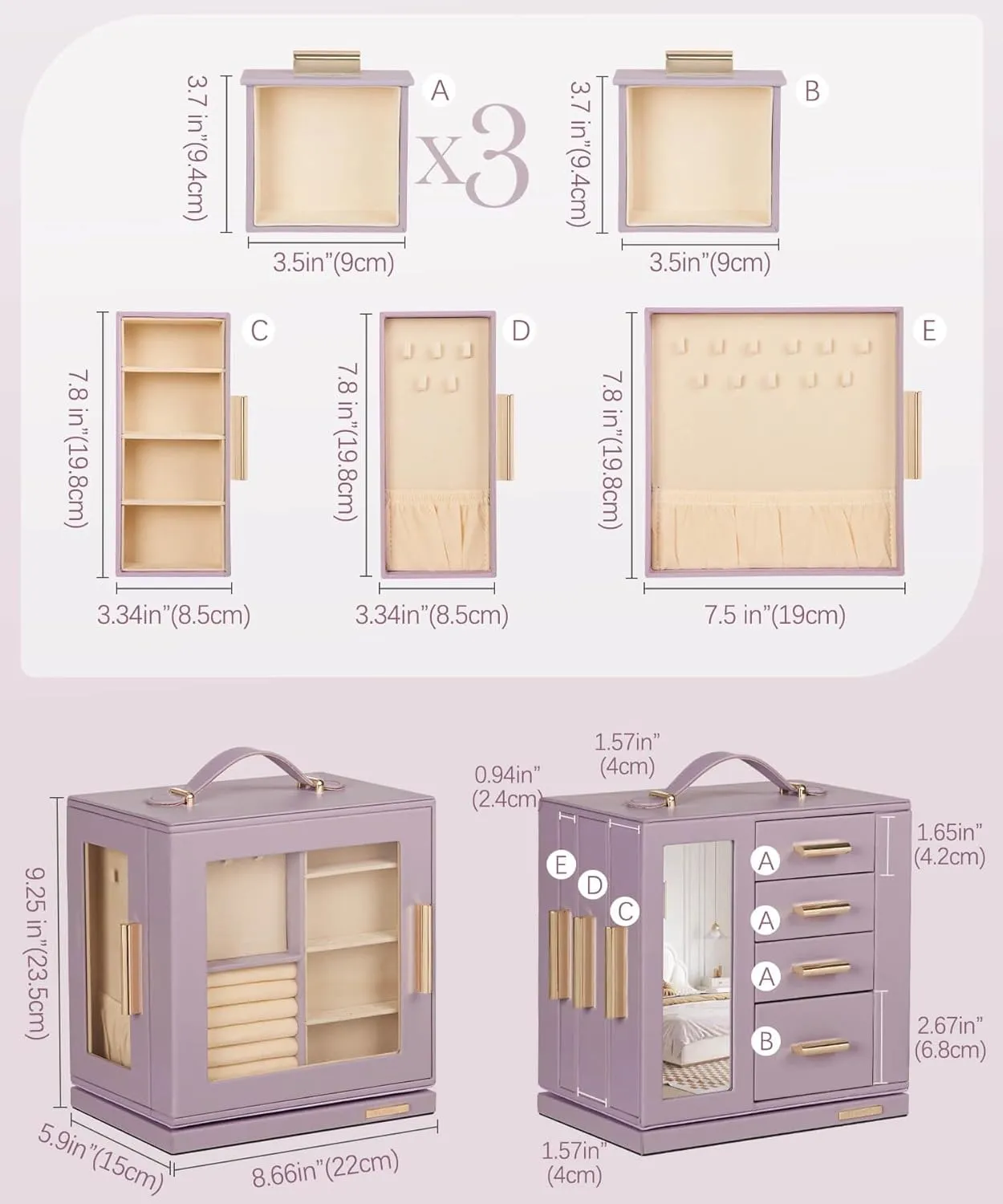 Box 360�� Rotating, Necklace Earring Organizer with Transparent Window, Mirror, 7 Drawers, Large Ring disagreement marlin reflection complex glacial script Display Storage Case for Girls Women (Grey Purple) Homde Jewelry 