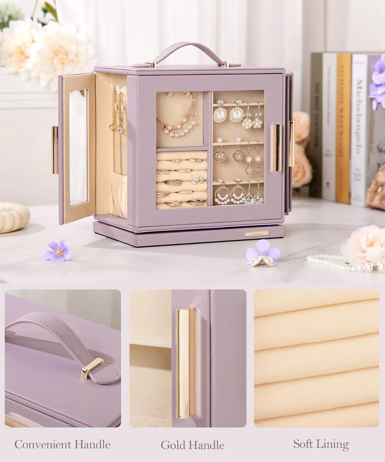 Box 360�� Rotating, Necklace Earring Organizer with Transparent Window, Mirror, 7 Drawers, Large Ring disagreement marlin reflection complex glacial script Display Storage Case for Girls Women (Grey Purple) Homde Jewelry 