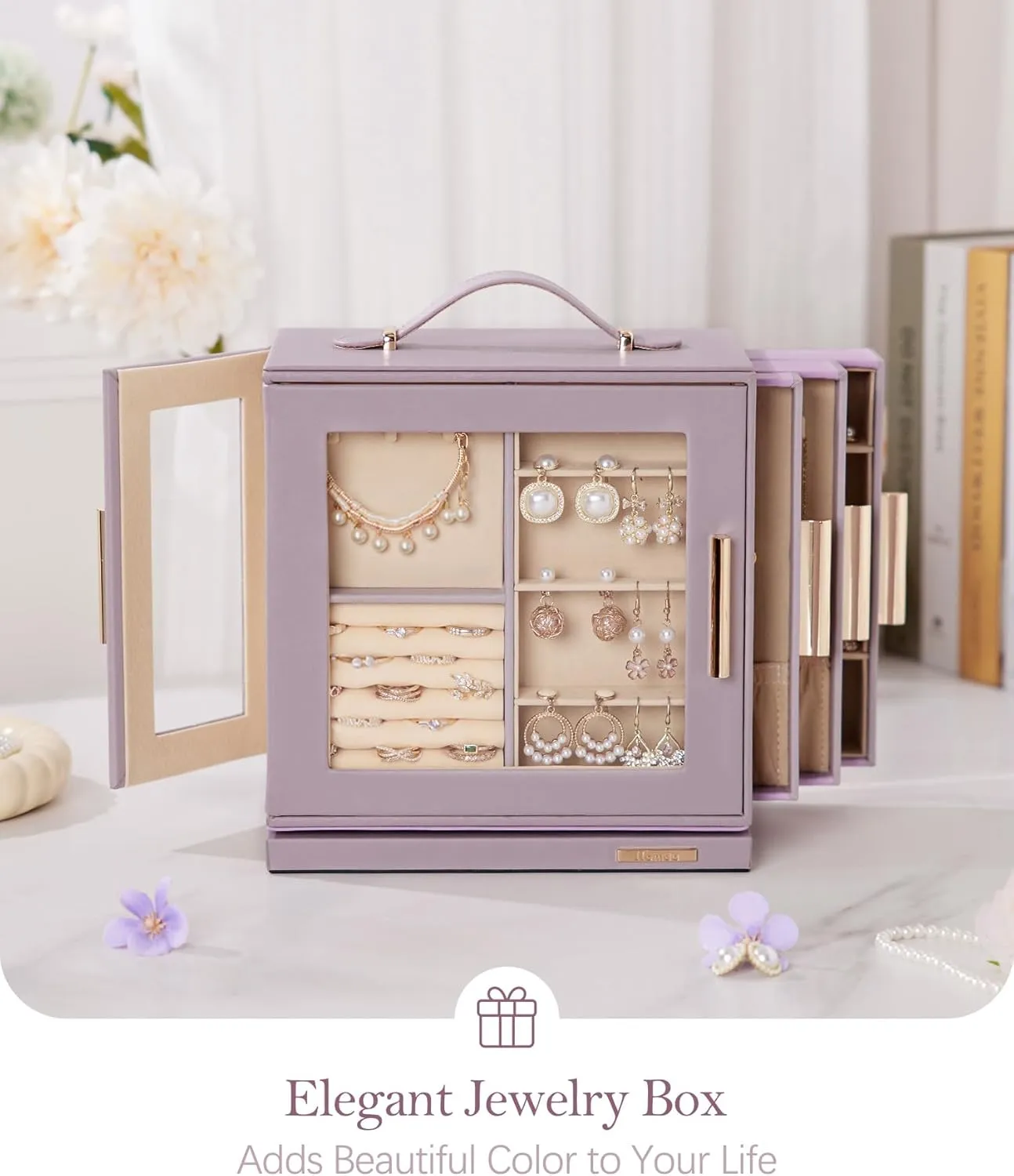 Box 360�� Rotating, Necklace Earring Organizer with Transparent Window, Mirror, 7 Drawers, Large Ring disagreement marlin reflection complex glacial script Display Storage Case for Girls Women (Grey Purple) Homde Jewelry 