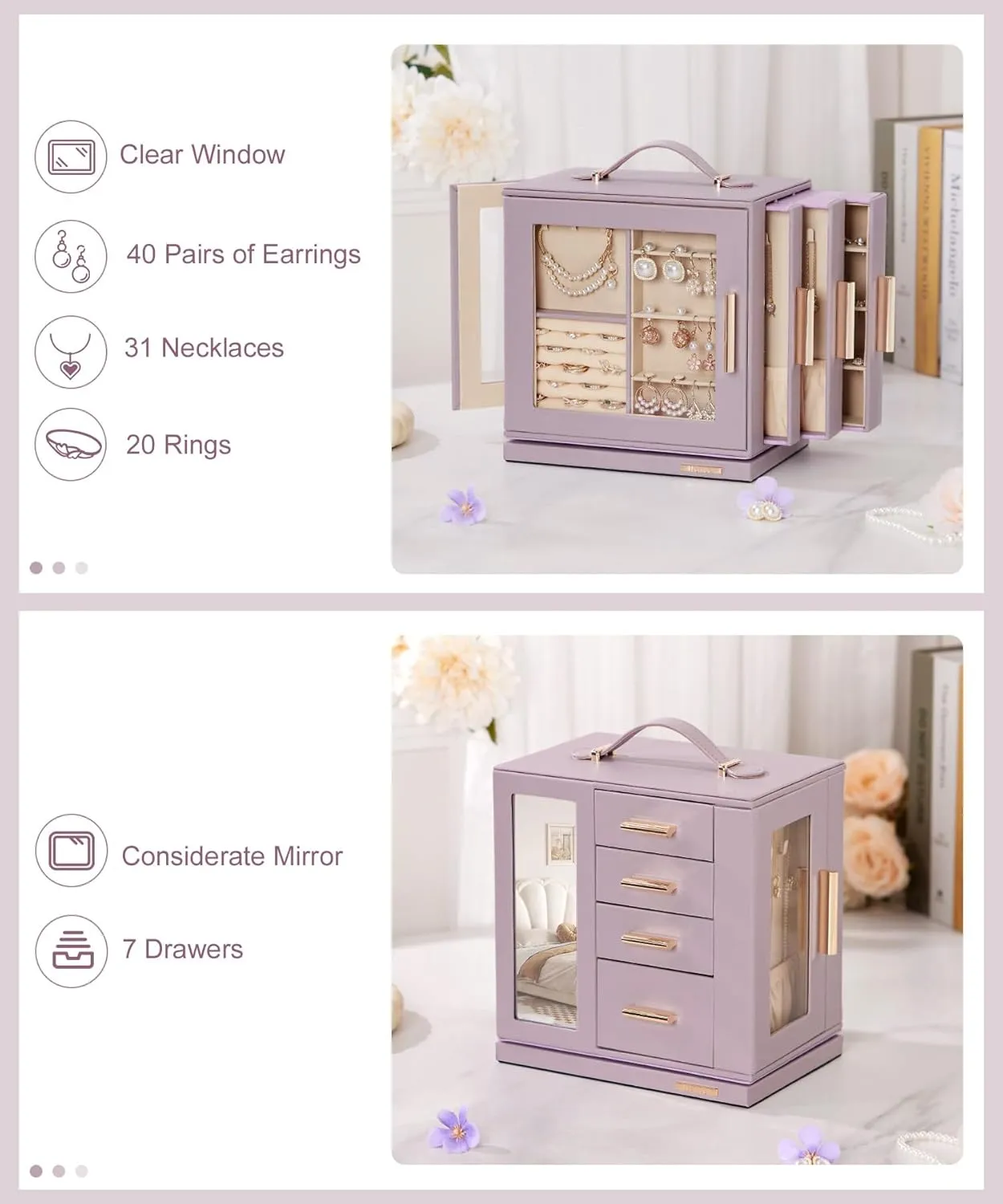 Box 360�� Rotating, Necklace Earring Organizer with Transparent Window, Mirror, 7 Drawers, Large Ring disagreement marlin reflection complex glacial script Display Storage Case for Girls Women (Grey Purple) Homde Jewelry 