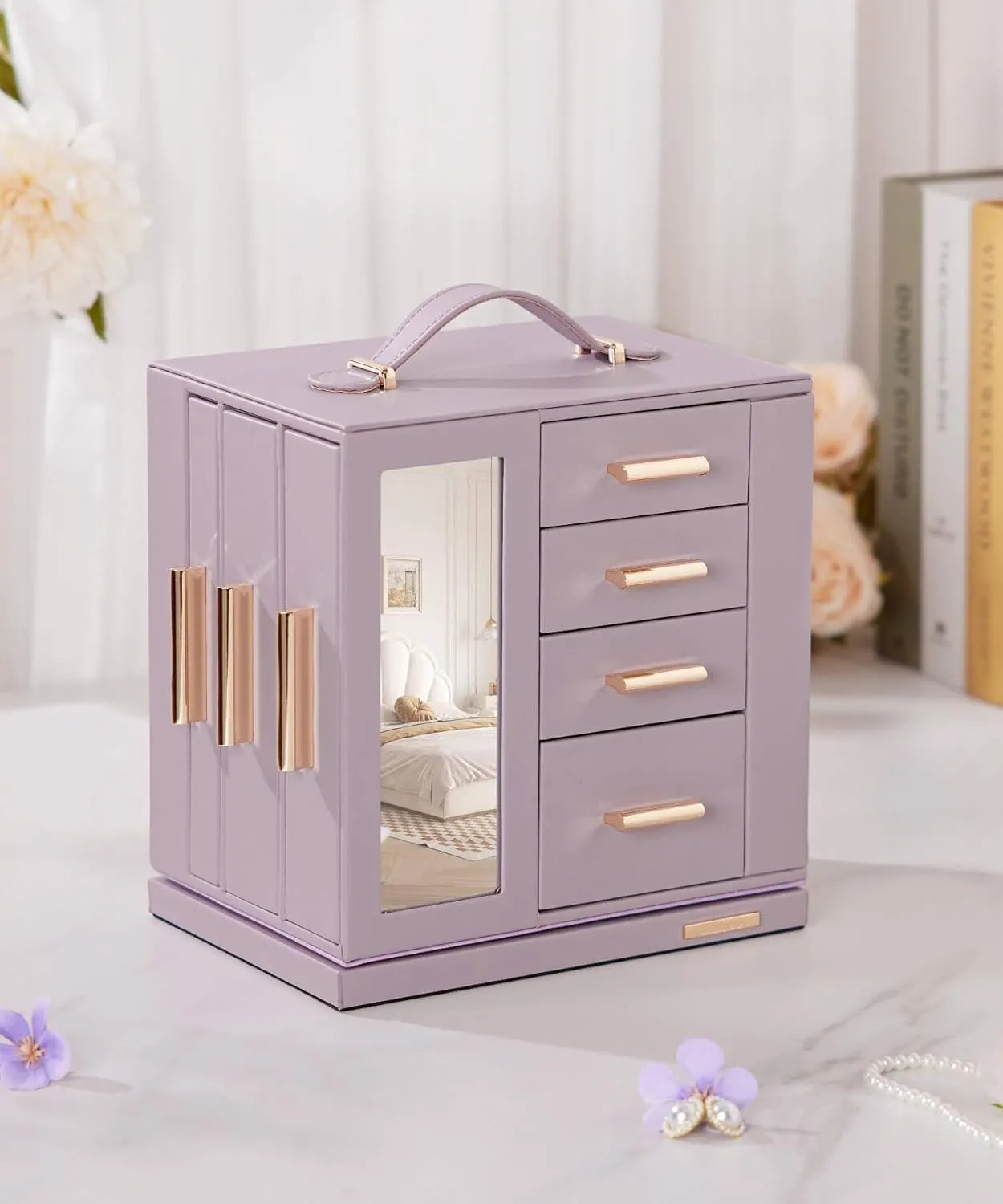Box 360�� Rotating, Necklace Earring Organizer with Transparent Window, Mirror, 7 Drawers, Large Ring disagreement marlin reflection complex glacial script Display Storage Case for Girls Women (Grey Purple) Homde Jewelry 