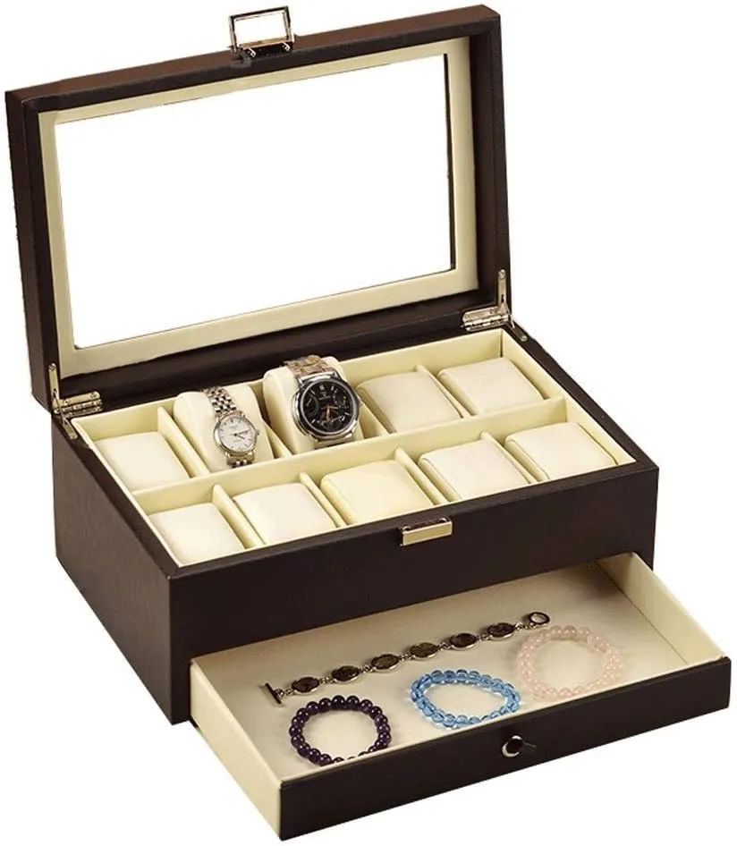 Box Faux Leather Jewelry Case ethnic relic Watch DisplayTop Size: L31W19.5H13.5cm Portable Earrings Necklace Jewelry Cosmetic Case Watch Box- Watch 