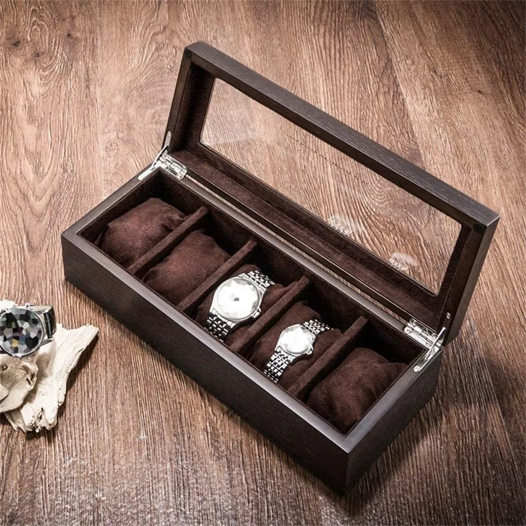 Box Jewelry Storage Wooden Glass Sunroof Brown Watch Display manage Box Mechanical Watch Display Box 5 Grids Watch 