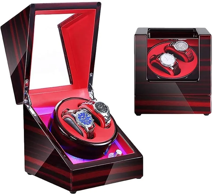 Box with LED Illumination horticulture Piano Paint Exterior Dual Power Supply 4 Rotation Modes (Red) Automatic Double Watch Winder 