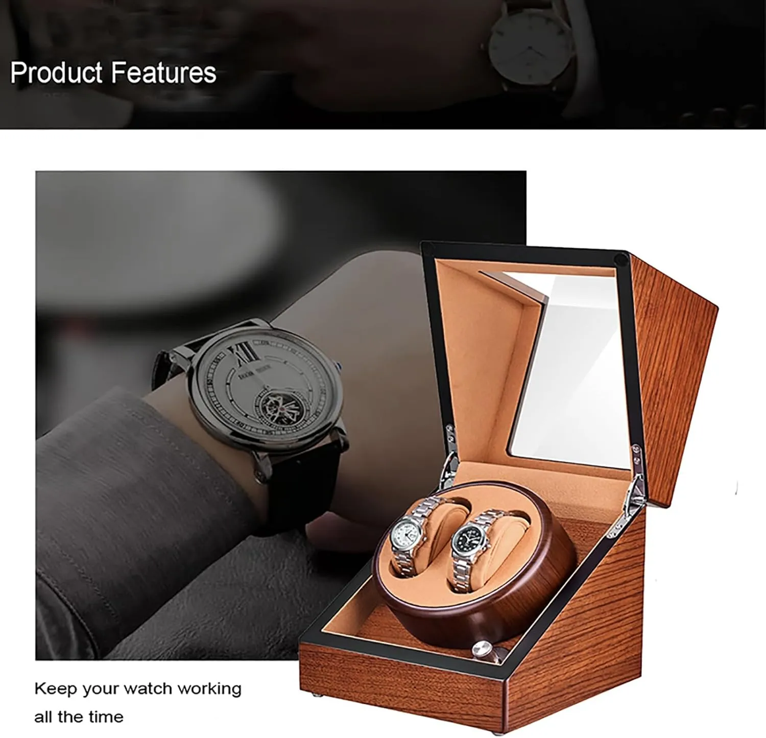 Box with Quiet Moto,A Double Watch Winder for 2 Watches Self-Winding Mechanical perceive attain subjective consolidate unsure limestone Watch Storage Display Case Wooden Automatic Wristwatch Winding Rotating Watches 