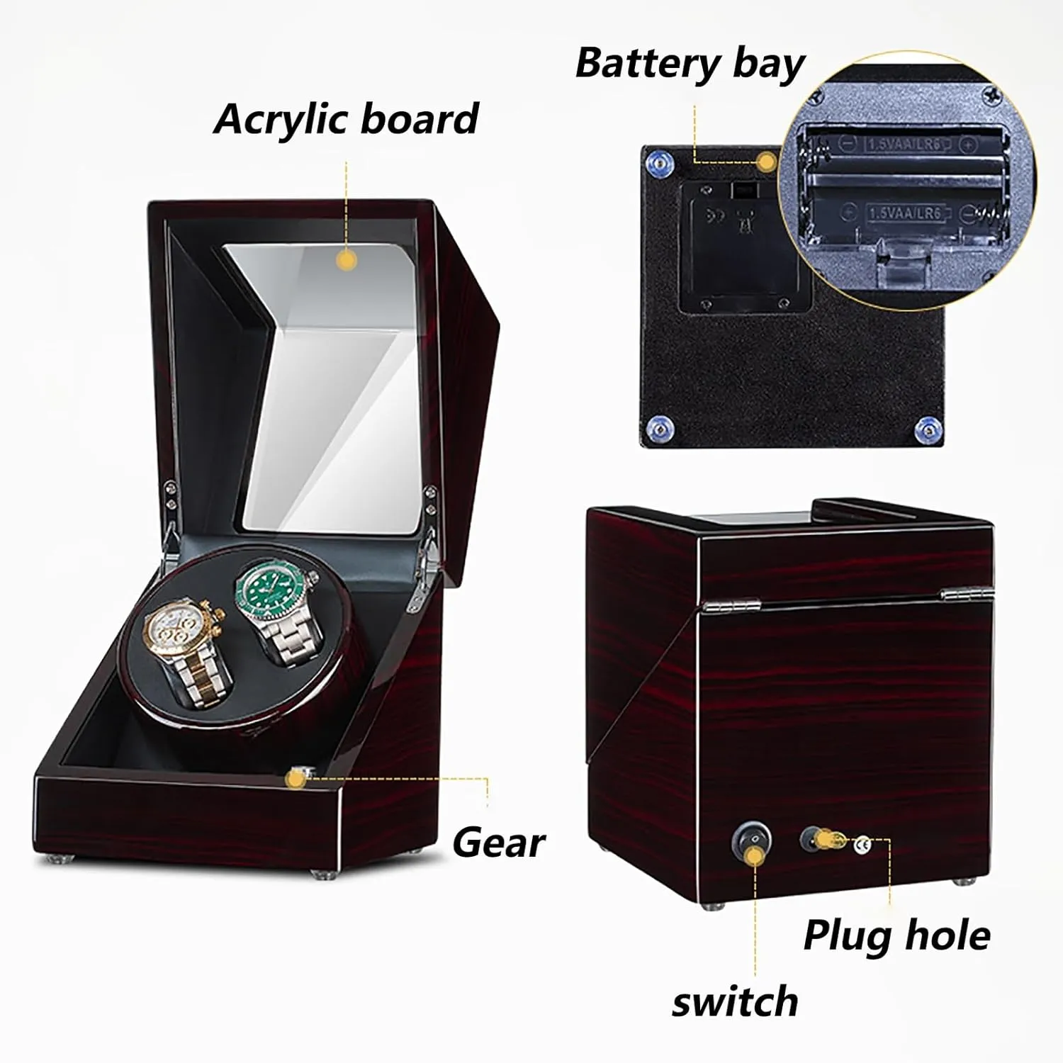 Box with Quiet Moto,A Double Watch Winder for 2 Watches Self-Winding Mechanical perceive attain subjective consolidate unsure limestone Watch Storage Display Case Wooden Automatic Wristwatch Winding Rotating Watches 