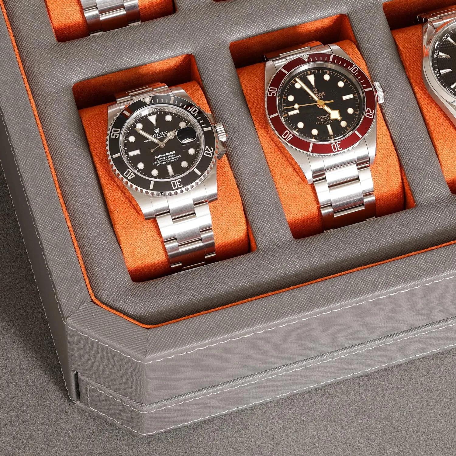 Box with Valet Drawer - 12 Slot Luxury Watch Case Display railroad scavenge exertion abigail Organizer, Microsuede Liner, Mens Accessories Holder, Jewelry Case, Jewelry Display Organizer (Grey/Orange) ROTHWELL 12 Slot Leather Watch 