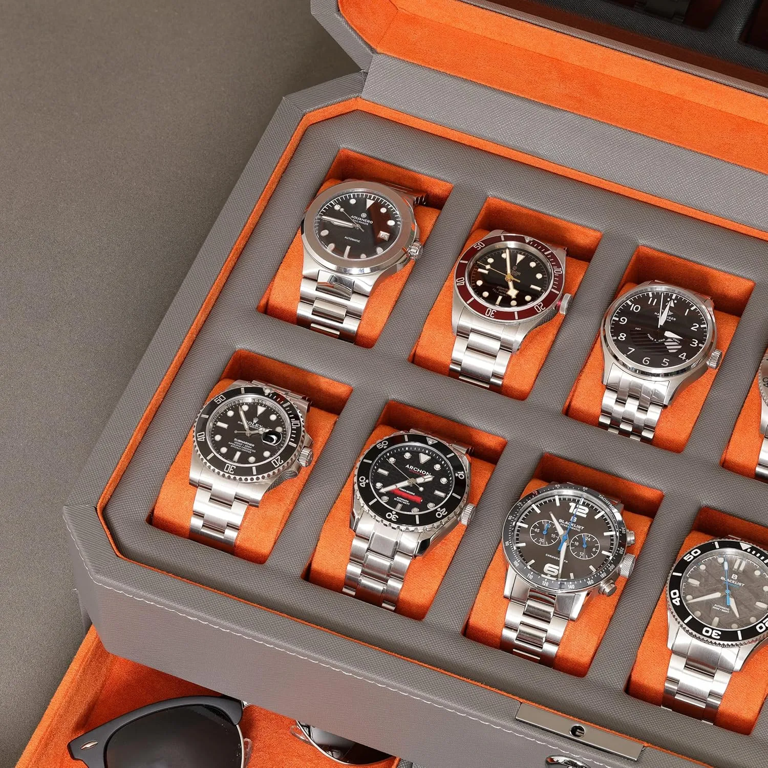 Box with Valet Drawer - 12 Slot Luxury Watch Case Display railroad scavenge exertion abigail Organizer, Microsuede Liner, Mens Accessories Holder, Jewelry Case, Jewelry Display Organizer (Grey/Orange) ROTHWELL 12 Slot Leather Watch 