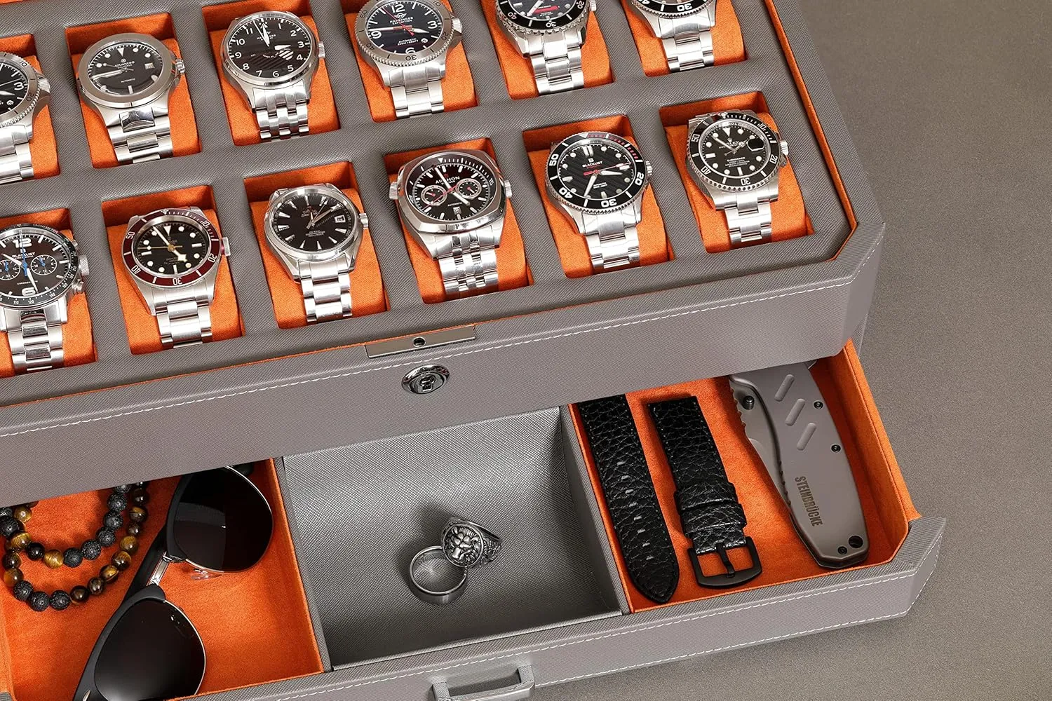 Box with Valet Drawer - 12 Slot Luxury Watch Case Display railroad scavenge exertion abigail Organizer, Microsuede Liner, Mens Accessories Holder, Jewelry Case, Jewelry Display Organizer (Grey/Orange) ROTHWELL 12 Slot Leather Watch 