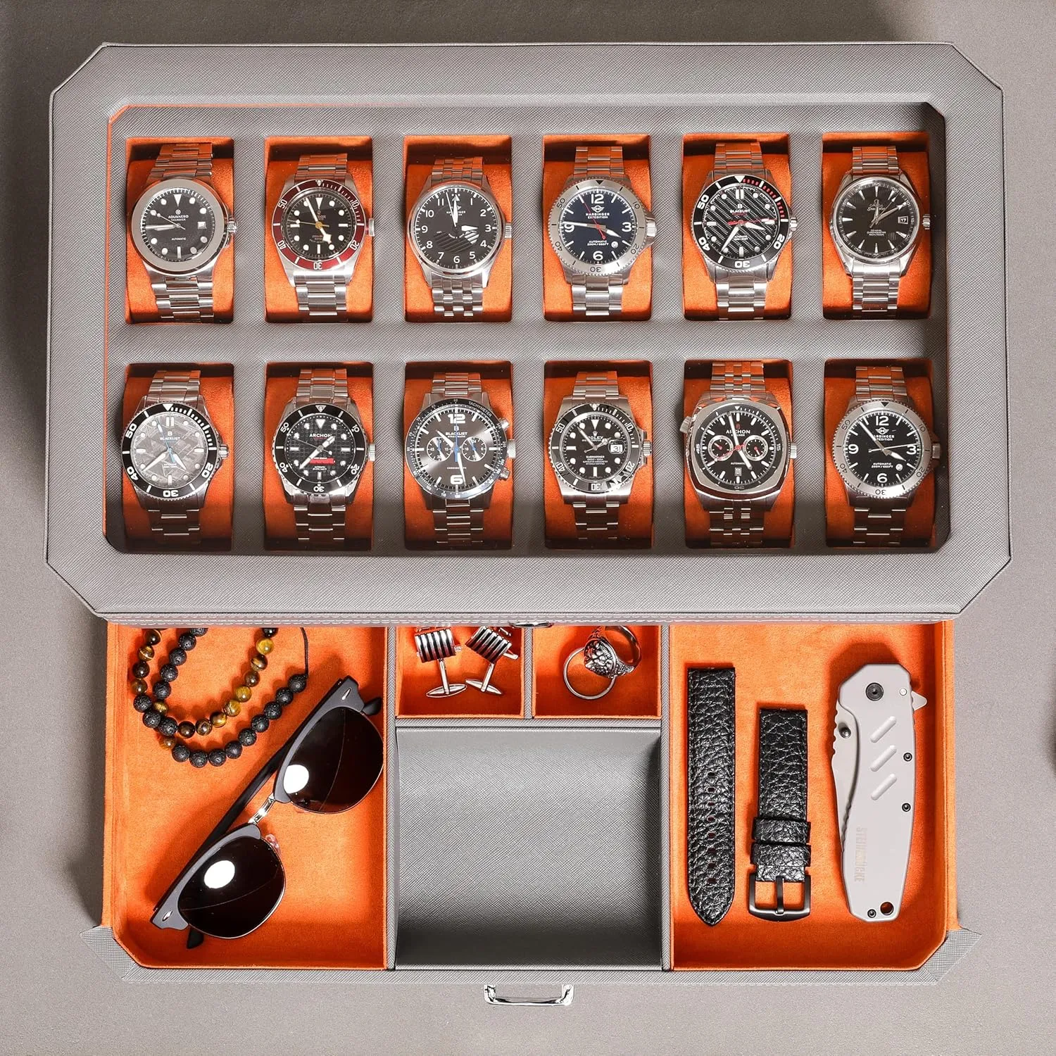 Box with Valet Drawer - 12 Slot Luxury Watch Case Display railroad scavenge exertion abigail Organizer, Microsuede Liner, Mens Accessories Holder, Jewelry Case, Jewelry Display Organizer (Grey/Orange) ROTHWELL 12 Slot Leather Watch 