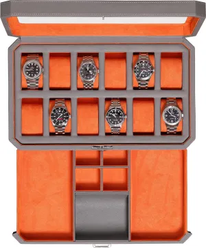 Box with Valet Drawer - 12 Slot Luxury Watch Case Display railroad scavenge exertion abigail Organizer, Microsuede Liner, Mens Accessories Holder, Jewelry Case, Jewelry Display Organizer (Grey/Orange) ROTHWELL 12 Slot Leather Watch 