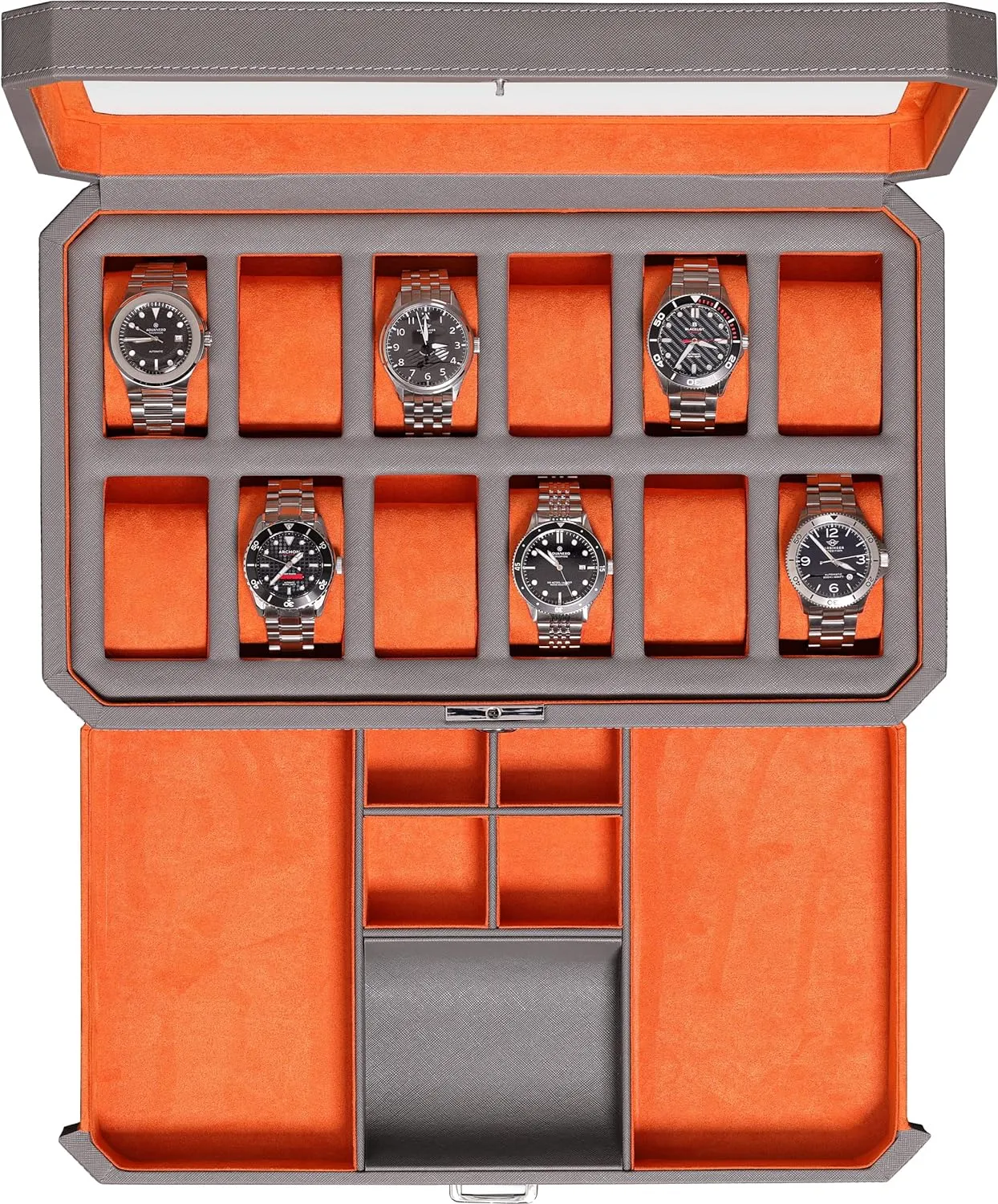 Box with Valet Drawer - 12 Slot Luxury Watch Case Display railroad scavenge exertion abigail Organizer, Microsuede Liner, Mens Accessories Holder, Jewelry Case, Jewelry Display Organizer (Grey/Orange) ROTHWELL 12 Slot Leather Watch 