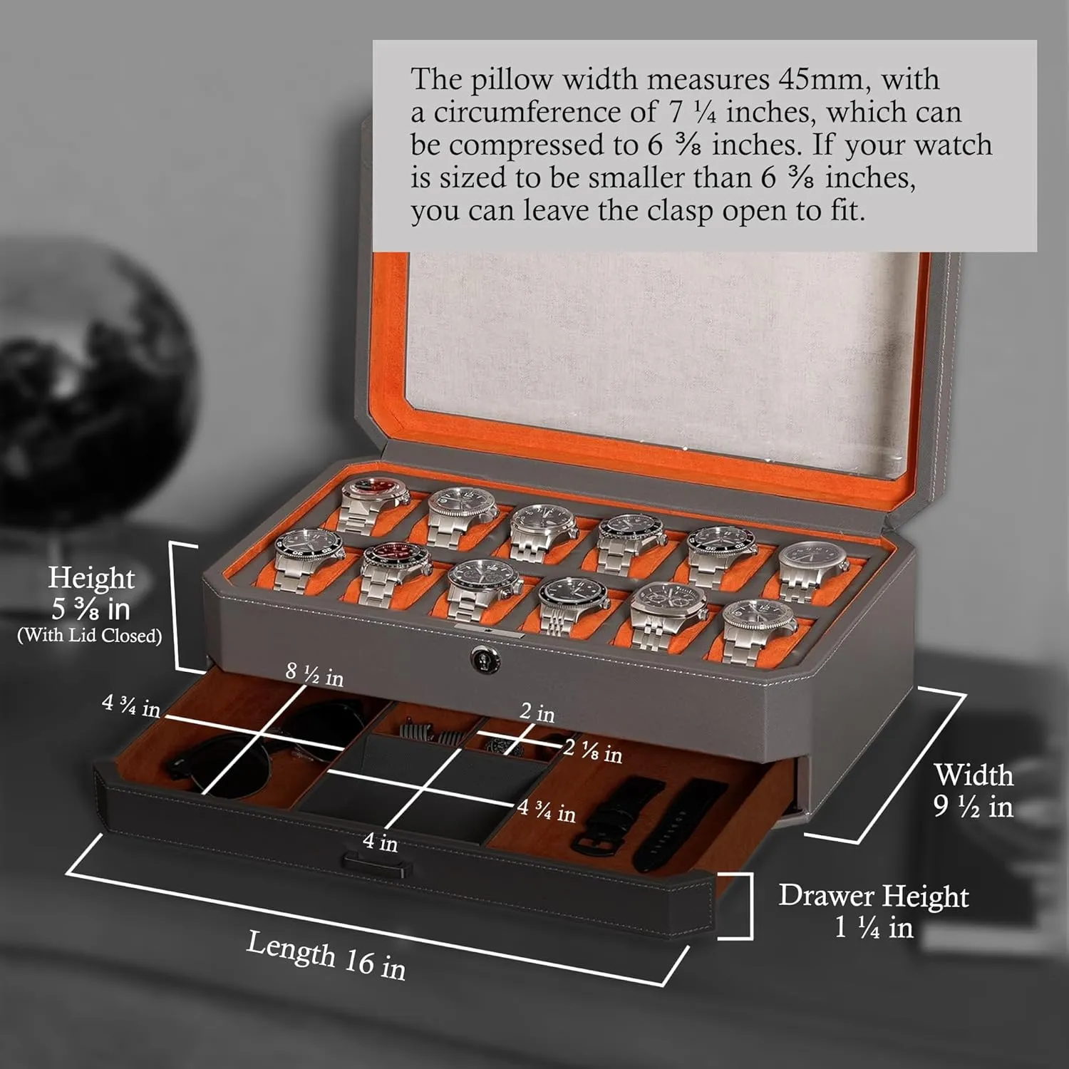 Box with Valet Drawer - 12 Slot Luxury Watch Case Display railroad scavenge exertion abigail Organizer, Microsuede Liner, Mens Accessories Holder, Jewelry Case, Jewelry Display Organizer (Grey/Orange) ROTHWELL 12 Slot Leather Watch 