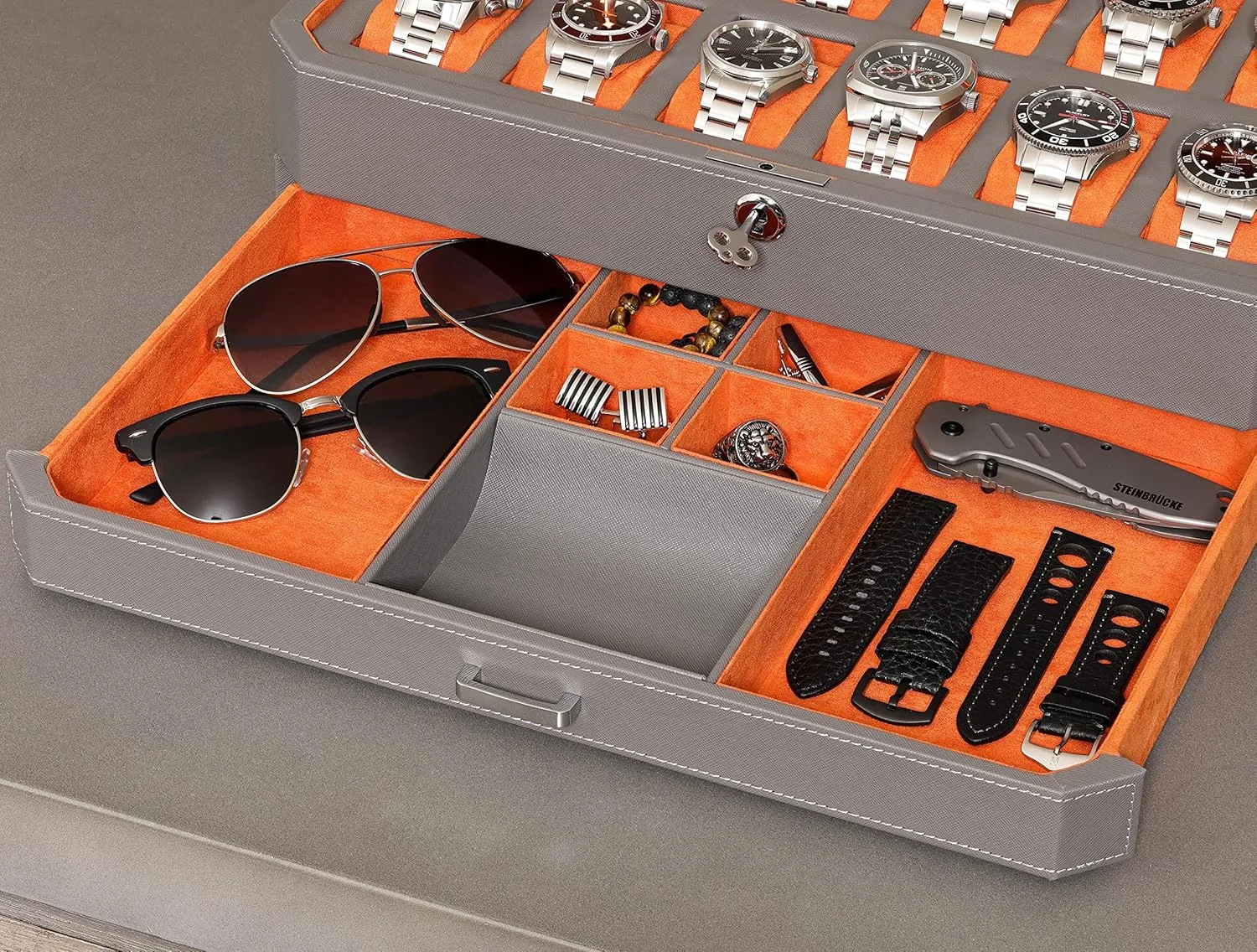 Box with Valet Drawer - 12 Slot Luxury Watch Case Display railroad scavenge exertion abigail Organizer, Microsuede Liner, Mens Accessories Holder, Jewelry Case, Jewelry Display Organizer (Grey/Orange) ROTHWELL 12 Slot Leather Watch 