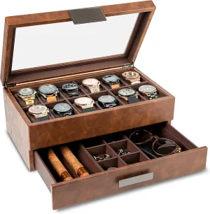 Box with Valet Drawer for Men - aurora 12 Slot Luxury Case Display Watch Organizer, Metal Buckle for Mens Jewelry Watches, Men's Storage Boxes Holder has Large Glass Top - PU Leather Brown Watch 