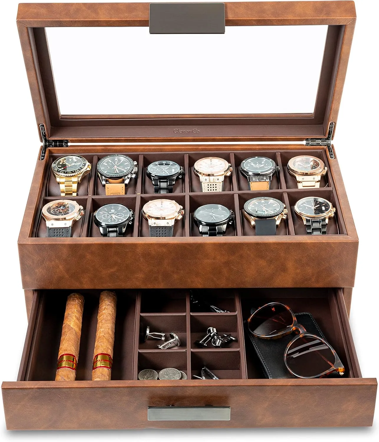 Box with Valet Drawer for Men - aurora 12 Slot Luxury Case Display Watch Organizer, Metal Buckle for Mens Jewelry Watches, Men's Storage Boxes Holder has Large Glass Top - PU Leather Brown Watch 