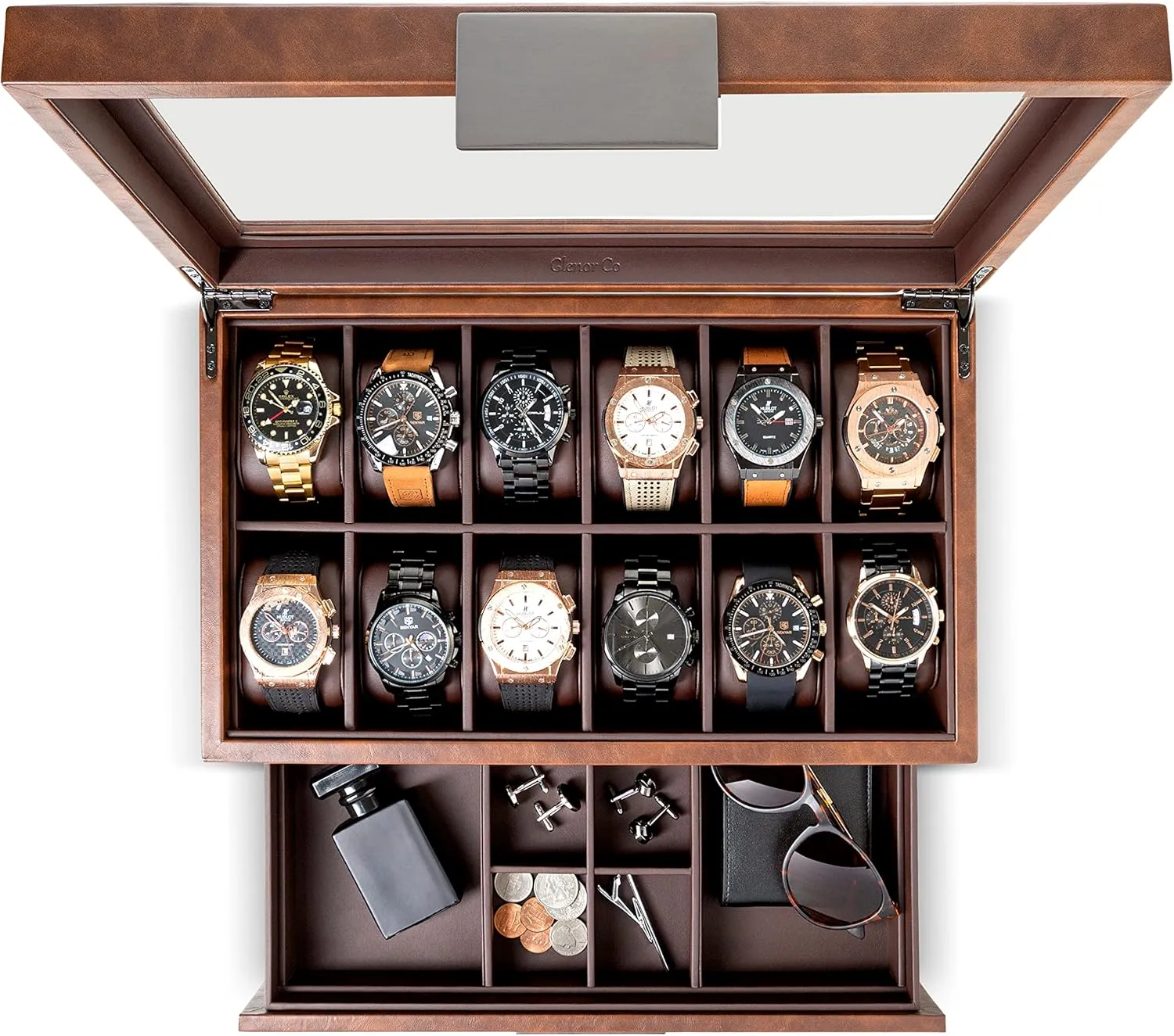 Box with Valet Drawer for Men - aurora 12 Slot Luxury Case Display Watch Organizer, Metal Buckle for Mens Jewelry Watches, Men's Storage Boxes Holder has Large Glass Top - PU Leather Brown Watch 