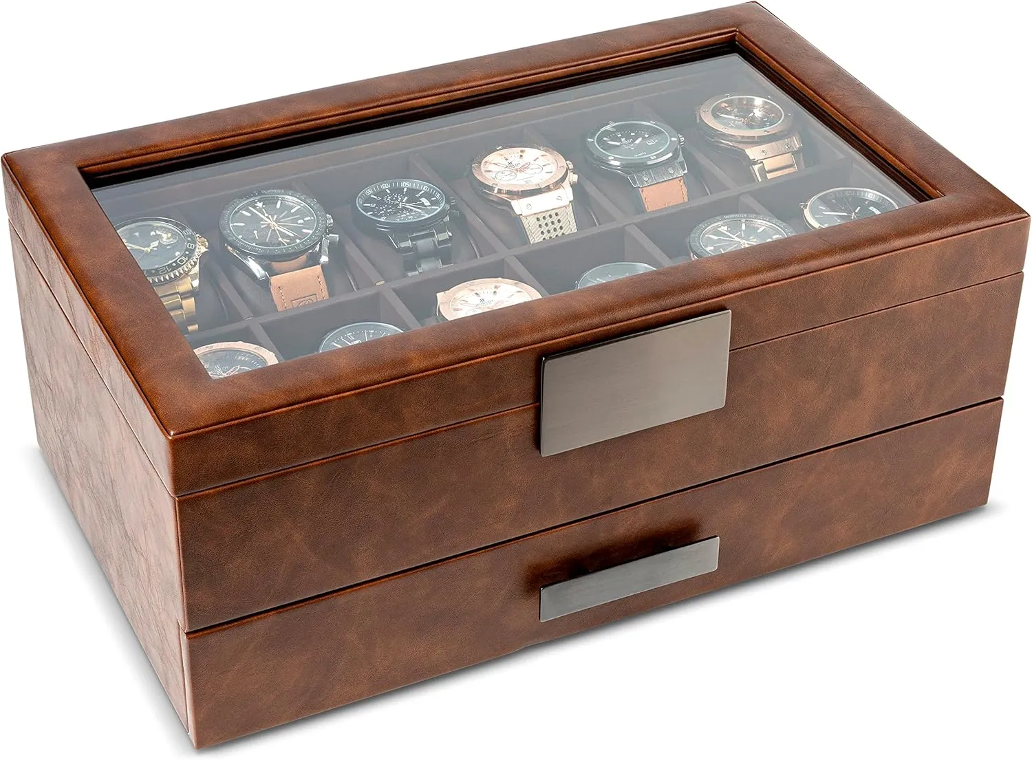 Box with Valet Drawer for Men - aurora 12 Slot Luxury Case Display Watch Organizer, Metal Buckle for Mens Jewelry Watches, Men's Storage Boxes Holder has Large Glass Top - PU Leather Brown Watch 