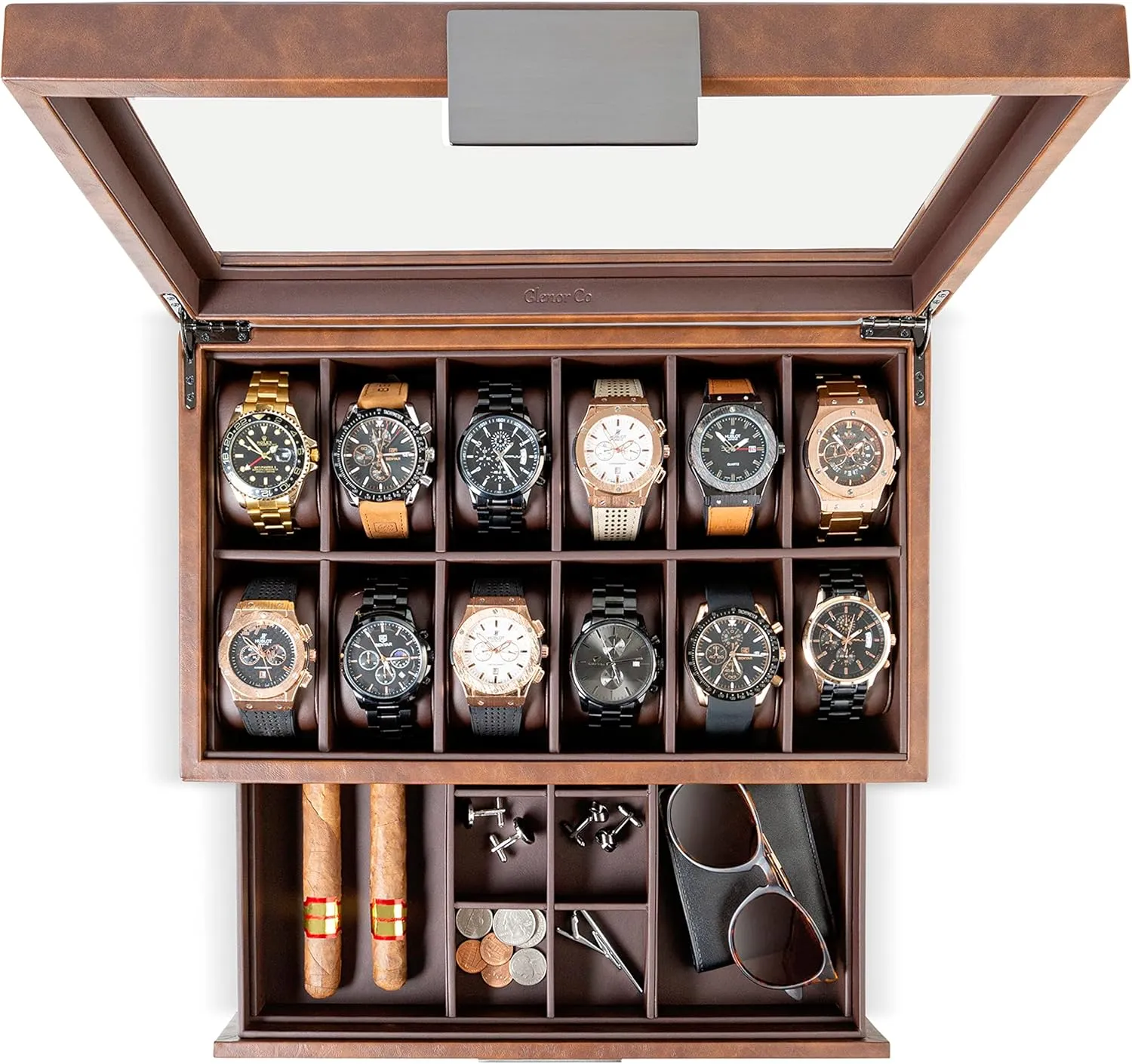 Box with Valet Drawer for Men - aurora 12 Slot Luxury Case Display Watch Organizer, Metal Buckle for Mens Jewelry Watches, Men's Storage Boxes Holder has Large Glass Top - PU Leather Brown Watch 
