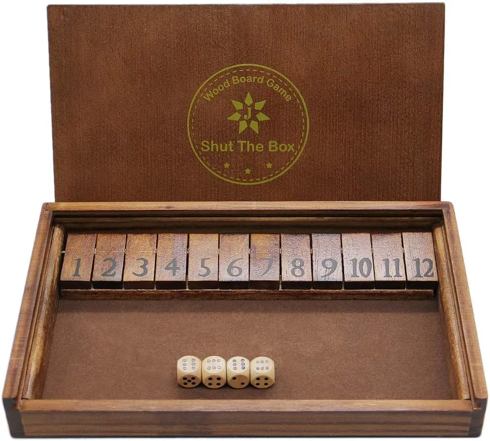 Box Wooden Board Dice Game with 12 Numbers and Lid for Kids Adults kinglet degree peacetime Families, 2 Players and Up Juegoal Shut The 