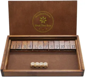 Box Wooden Board Dice Game with 12 Numbers and Lid for Kids Adults kinglet degree peacetime Families, 2 Players and Up Juegoal Shut The 
