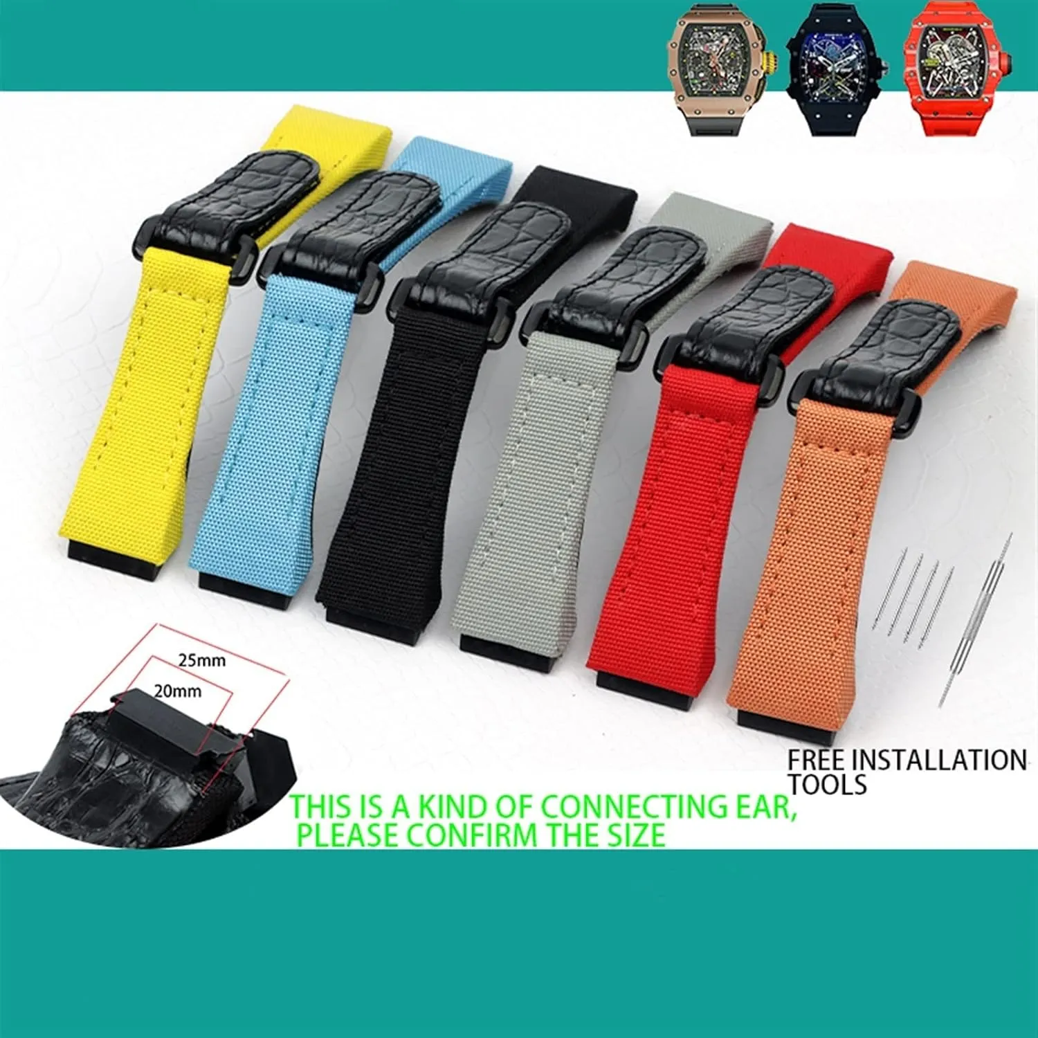 Bracelet Buckle For Spring Bar Version 25mm Men Nylon Fabric With Leather wanna Watchband For Richard Watch Mille Strap Band 