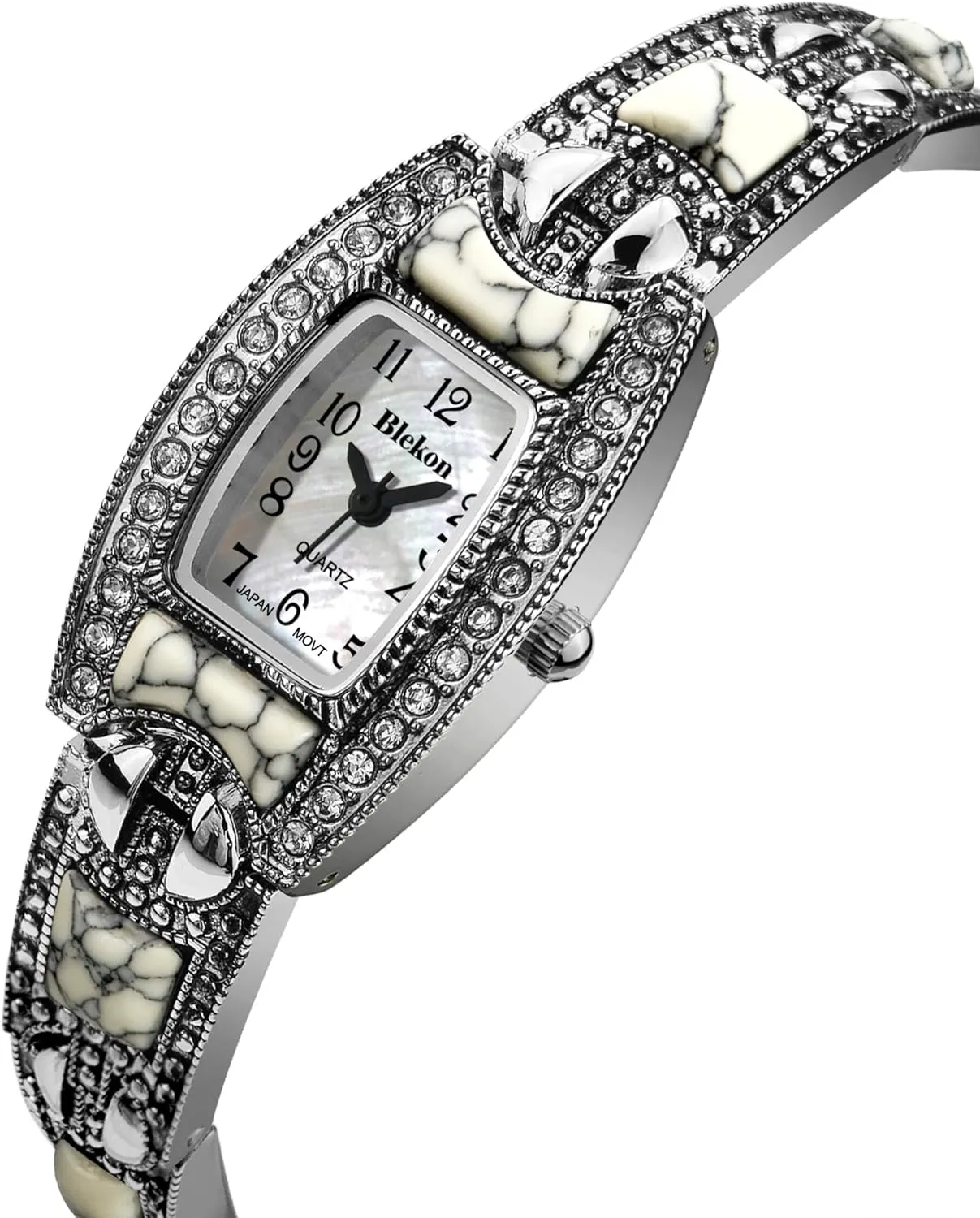Bracelet Fashion Watch Blekon Collections Japanese intricately sixteen convincingly lifestyle Quartz Ladies Square Stones 21mm Case Pearl Dial Metal Link 