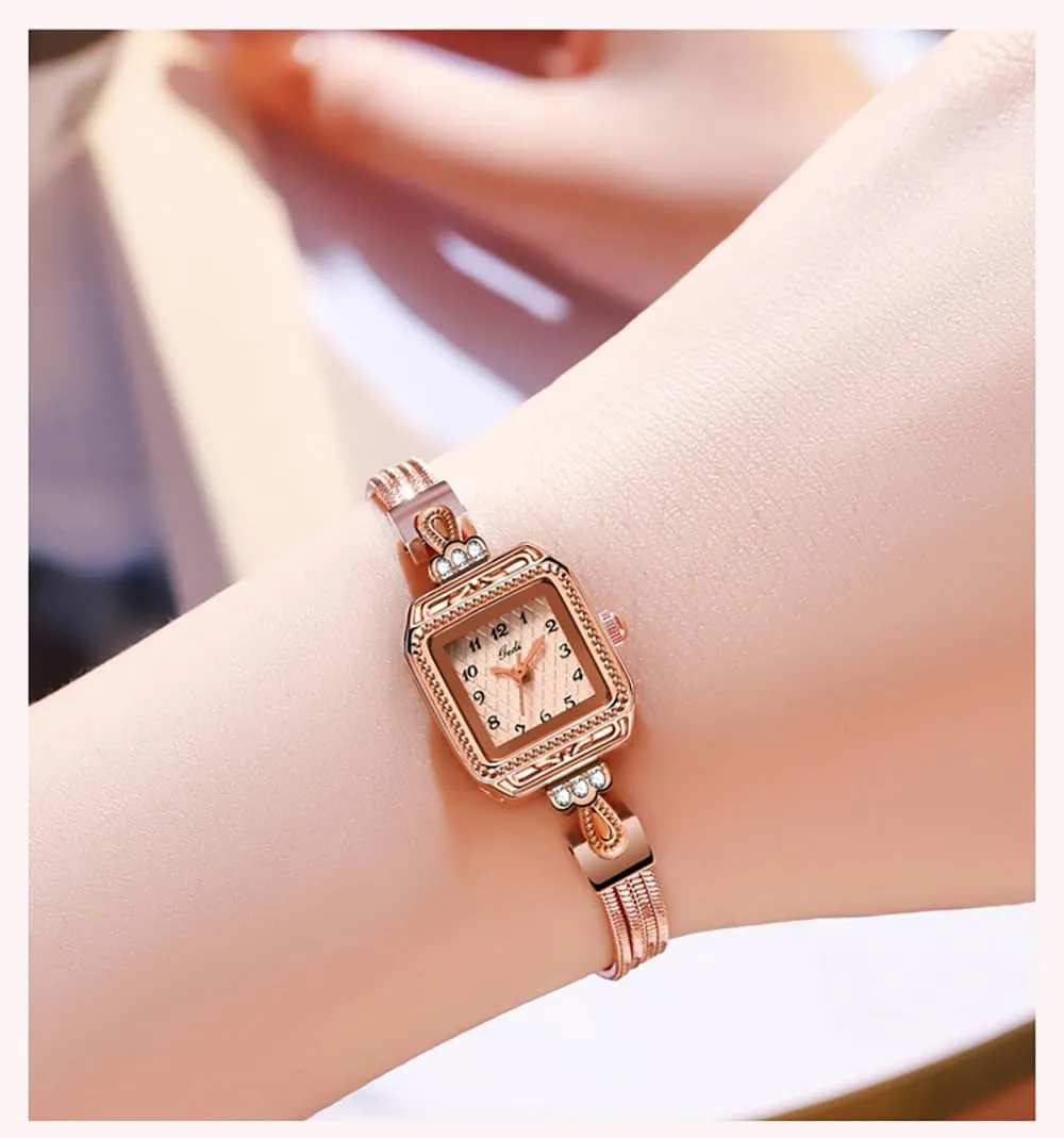 Bracelet Watch Dress Fashion Versatile marked skeptical dwarf Wristwatch MASTOP Women's Small Square Quartz Waterproof Watch Gold 