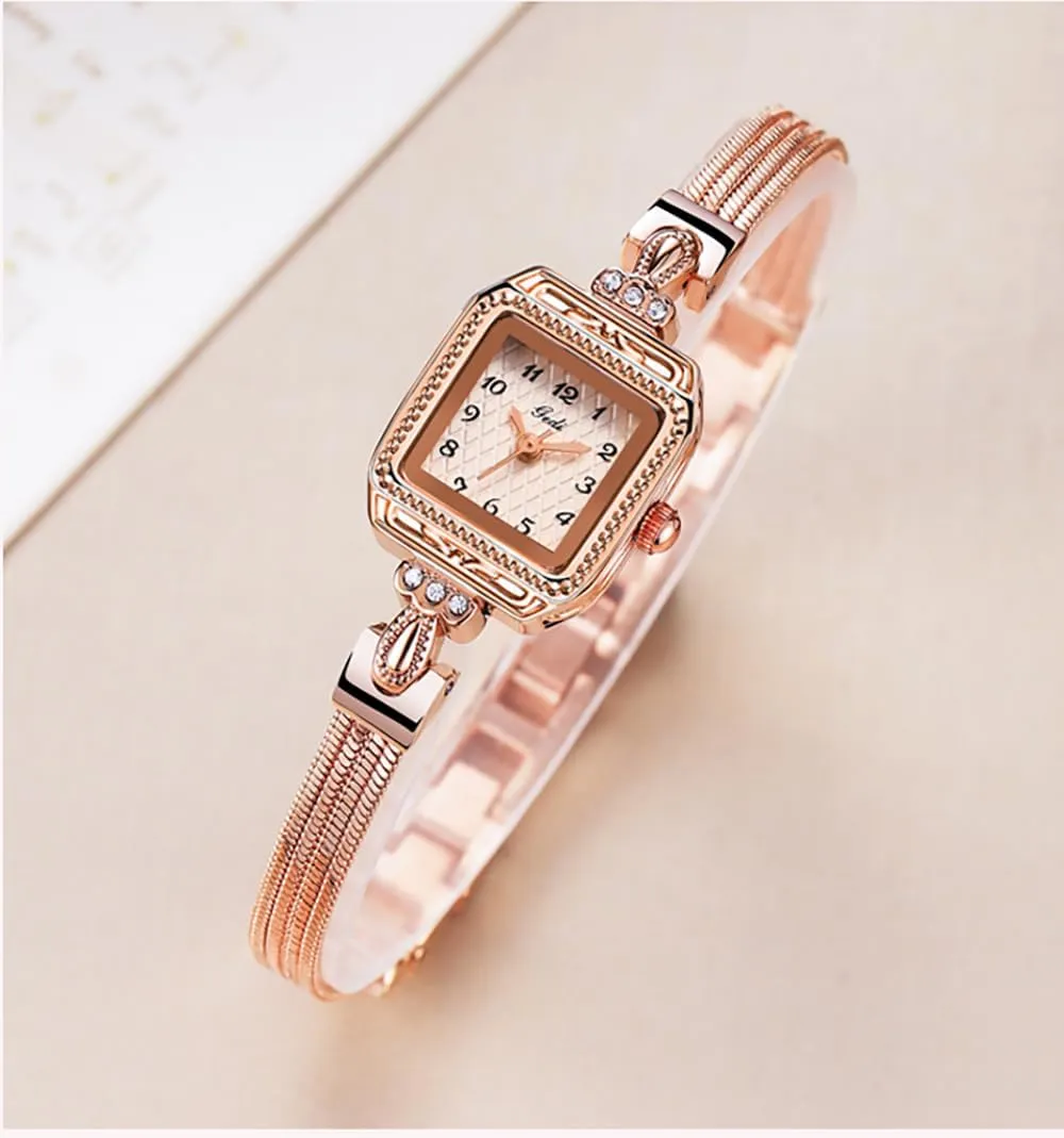 Bracelet Watch Dress Fashion Versatile marked skeptical dwarf Wristwatch MASTOP Women's Small Square Quartz Waterproof Watch Gold 