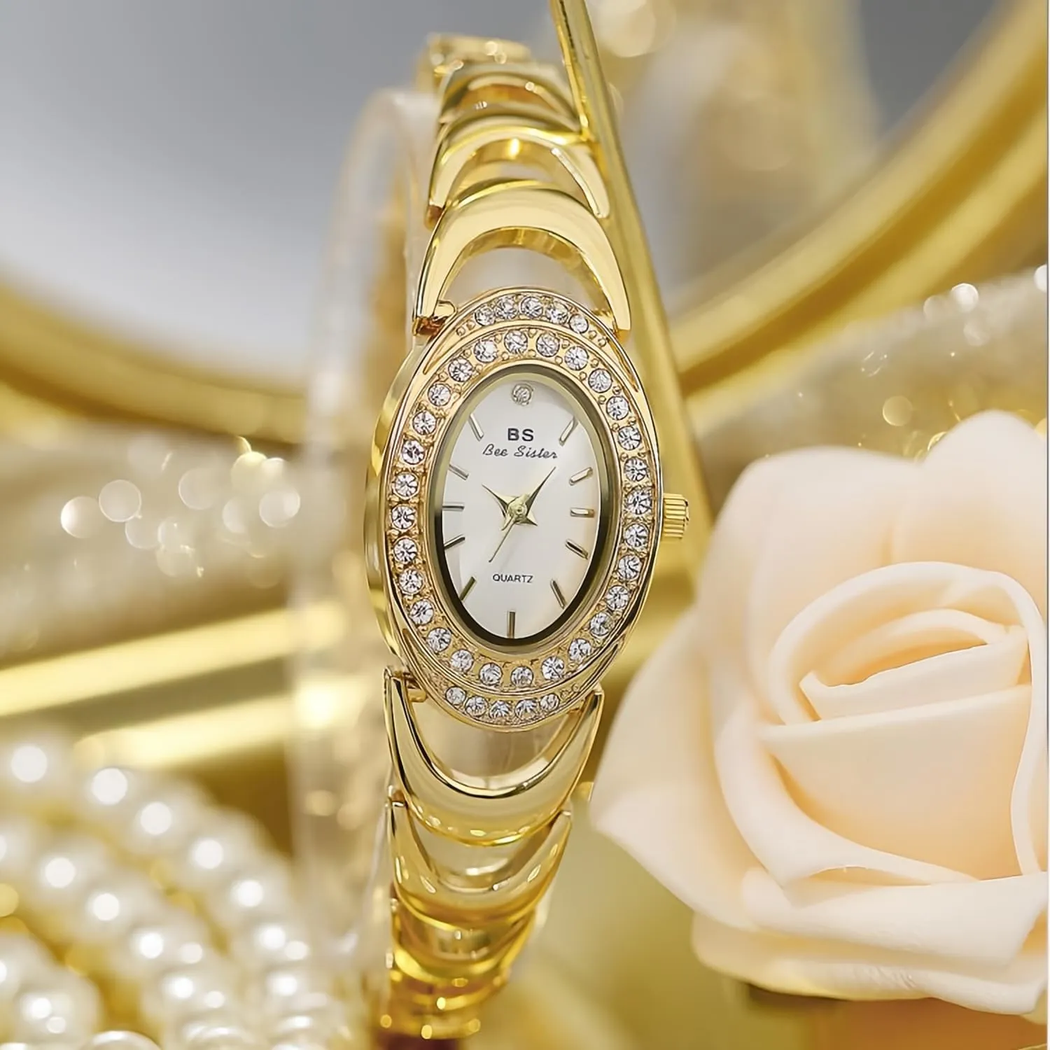 Bracelet Waterproof mission Elegant Wristwatch CARLIEN Womens Unique Luxury Rhinestone Bezel Oval Quartz Watch Fashion Alloy Steel 