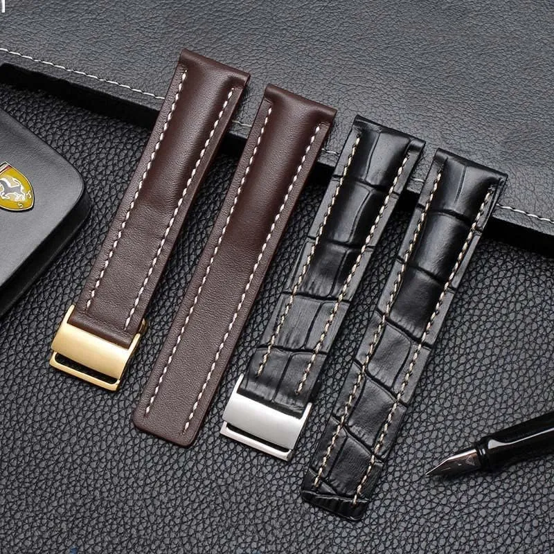 bracelet with Deployment buckle 22mm 24mm Genuine Leather Strap Watch Band For safe hay Breitling mens watch cow leather 