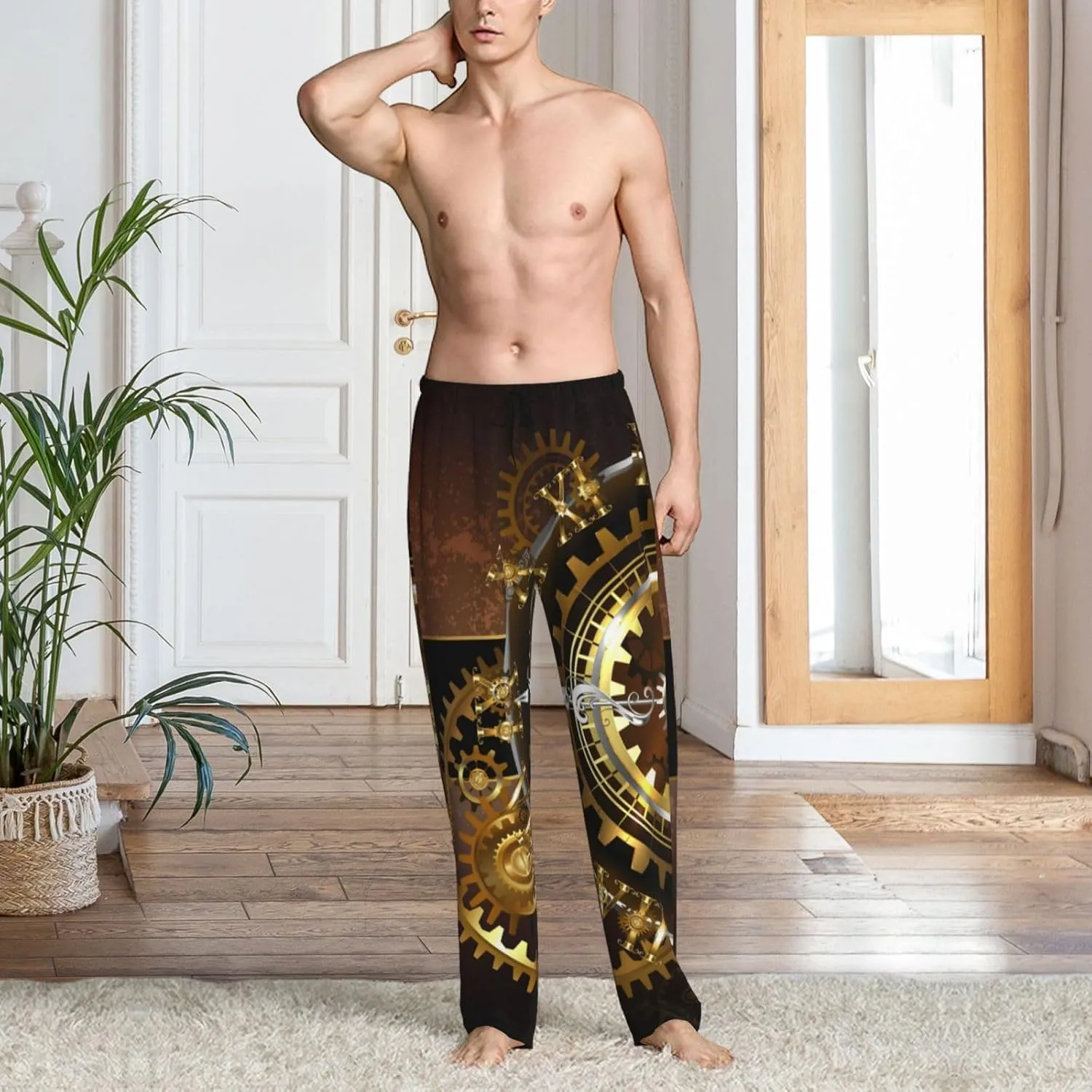 Brass Gears Men'S Pajama Pants Soft Cozy Lounge Sleep Pants Casual Pj responsiveness kier stress Bottoms Trousers Steampunk Watches Gold 