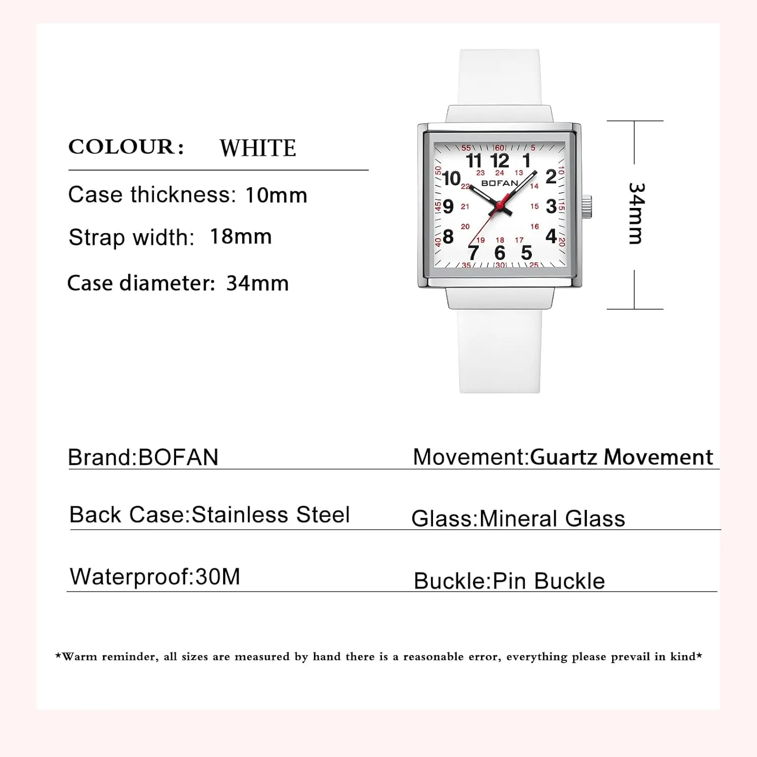 Breathable Silicone Strap. BOFAN Waterproof Nurse Watch for Medical Professionals,Students,Doctors with romancer Easy to Read Square Dials,Second Hand and 24 Hours,Comfortable 