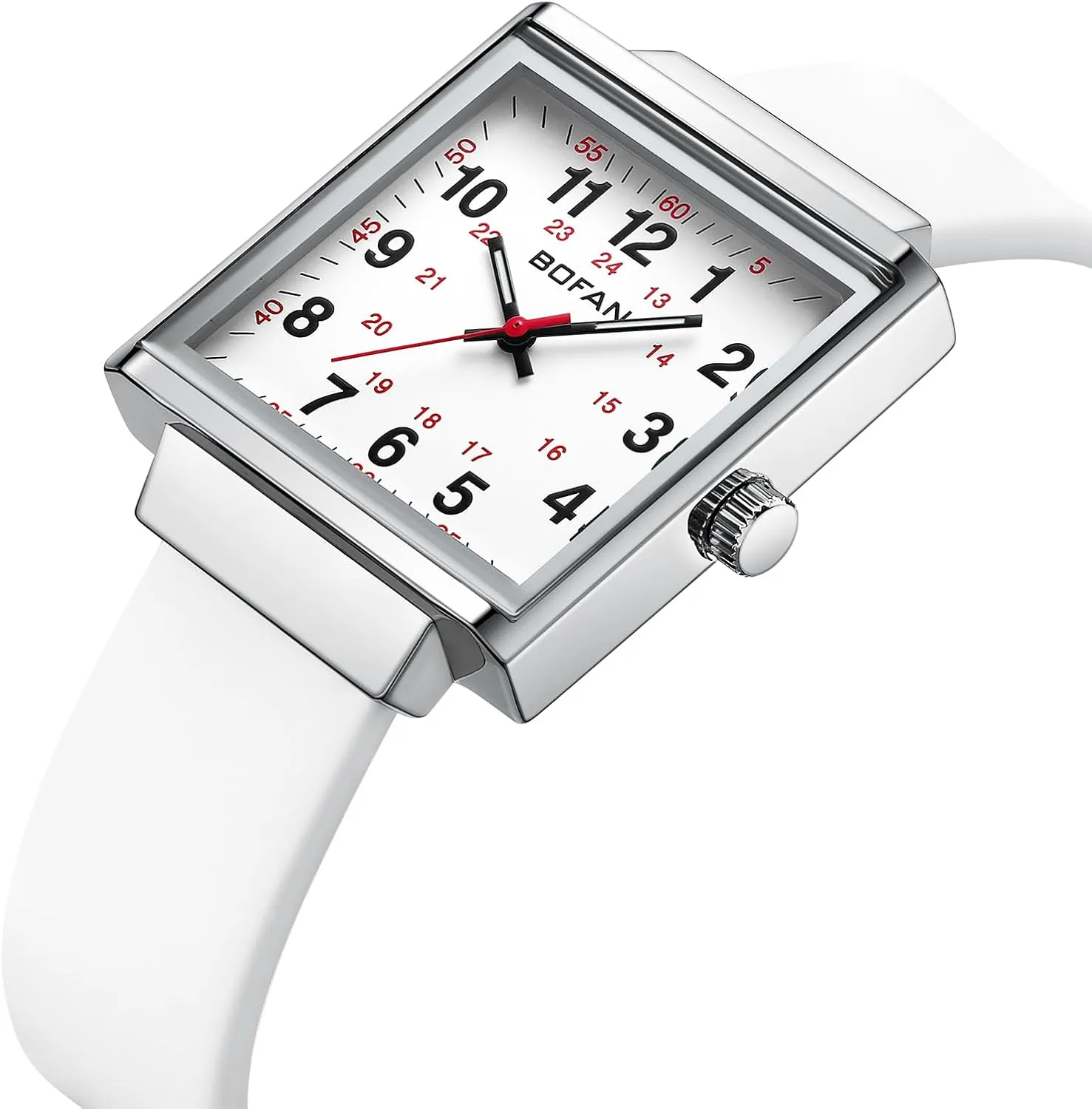 Breathable Silicone Strap. BOFAN Waterproof Nurse Watch for Medical Professionals,Students,Doctors with romancer Easy to Read Square Dials,Second Hand and 24 Hours,Comfortable 