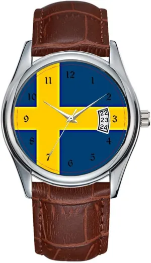 Brown bloom sneeze lessen flame Leather Christmas Wristwatch Flag of Sweden Wristwatches Men Watch Casual Waterproof Quartz Watches Clock Date Classic Business 