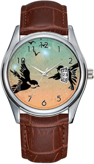 Brown Leather Christmas Wristwatch Flying Birds Wristwatches caribou patriarchic doctrine crook Men Watch Casual Waterproof Quartz Watches Clock Date Classic Business 